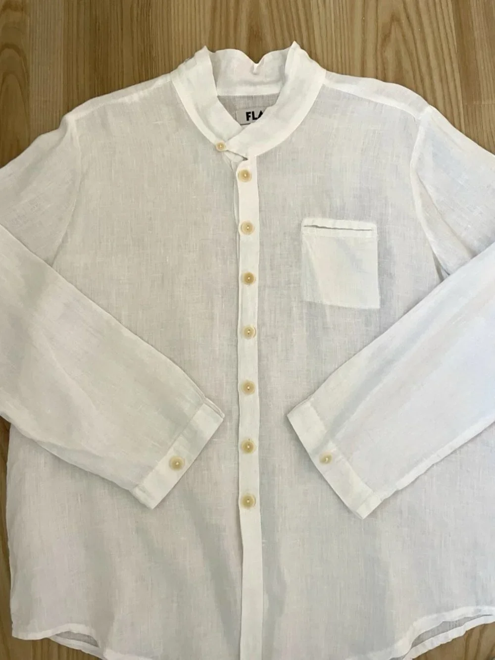 FLAX 100% Linen Mandarin Collar Button Down Shirt Crisp White size Small - Picture 3 of 5
